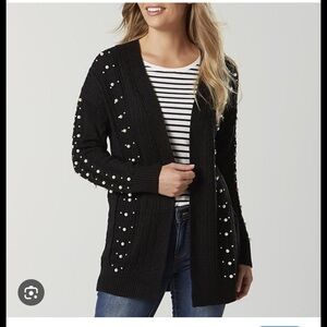 Simply Styled black knit open-front cardigan sweater with pearl embellishments